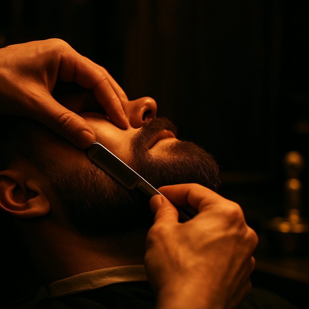 Barbeiro fazendo a barba de um cliente com navalha